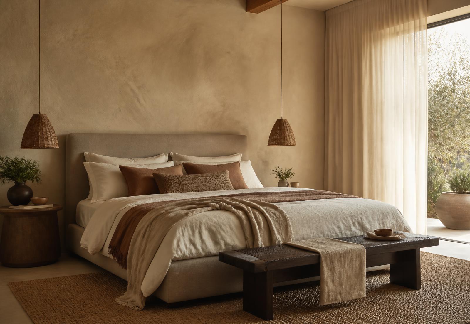Completed primary bedroom with upholstered linen bed, plaster walls, woven pendants and sisal rug