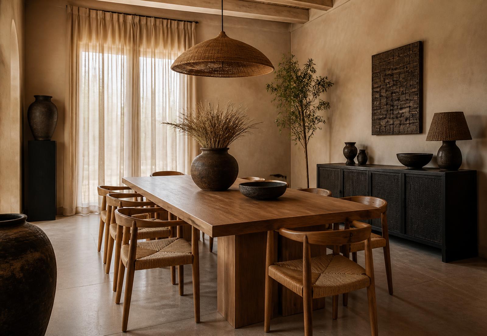 Redesigned dining room with solid oak table, rush-seat chairs, woven pendant and sand plaster walls