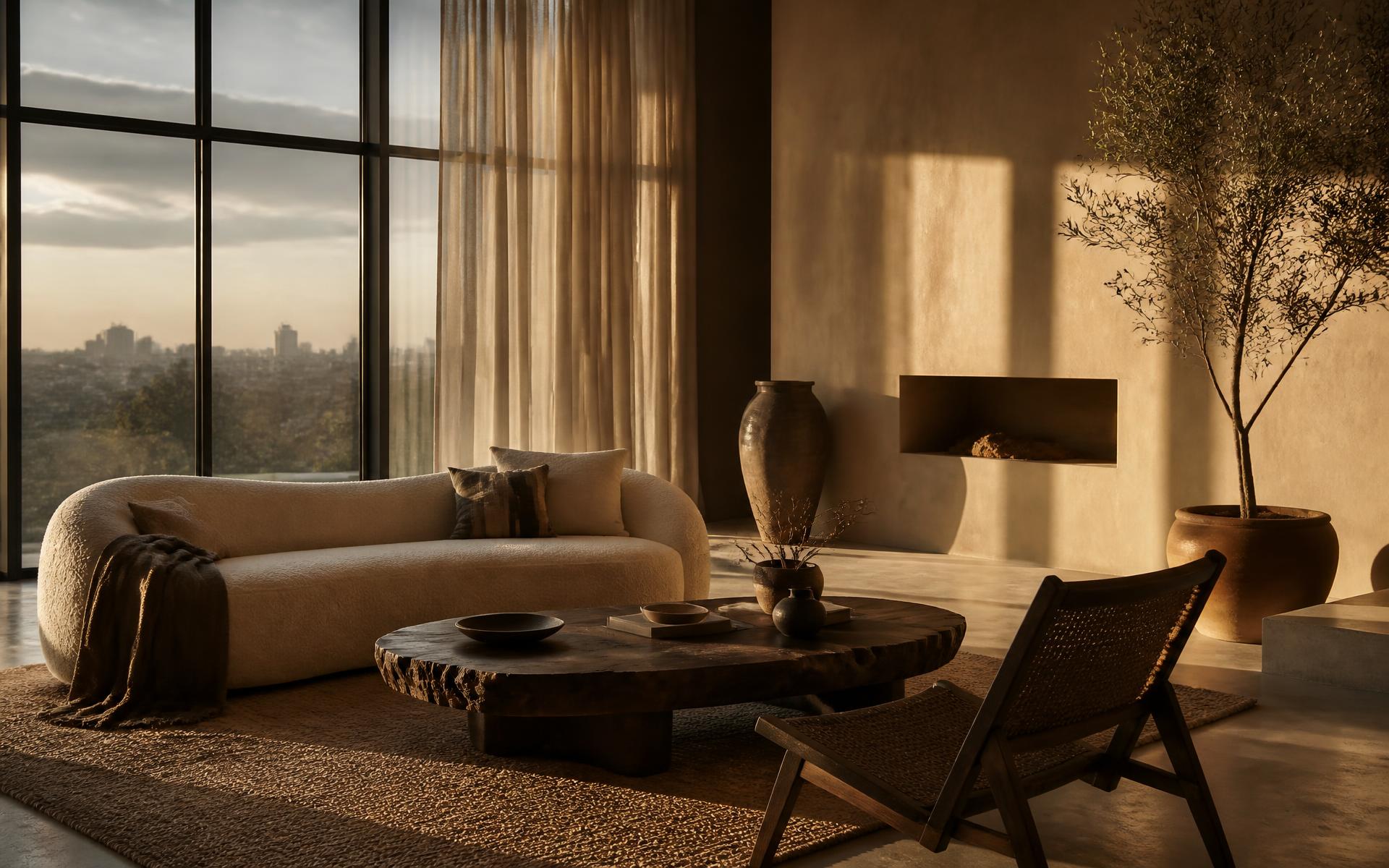 Sunlit Nairobi living room with boucle sofa, carved timber table and warm plaster walls
