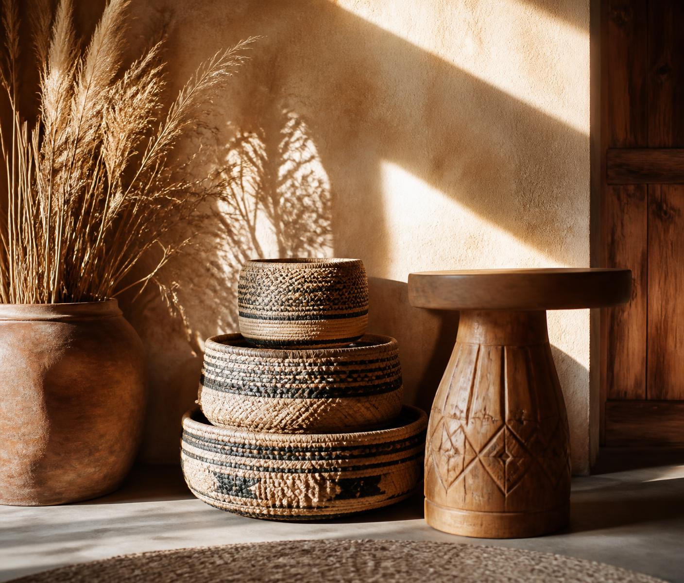 Handwoven Kenyan baskets and a carved wooden stool against a warm plaster wall