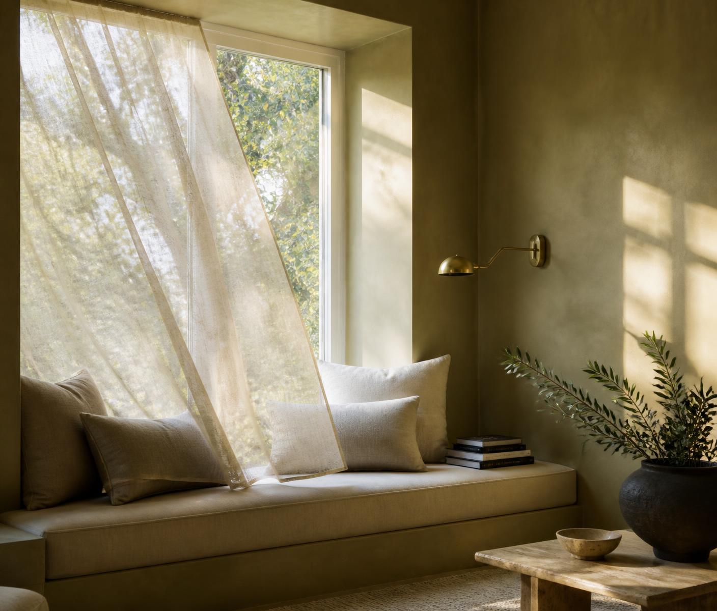 Sunlit window seat with linen cushions, design books and a brass wall light