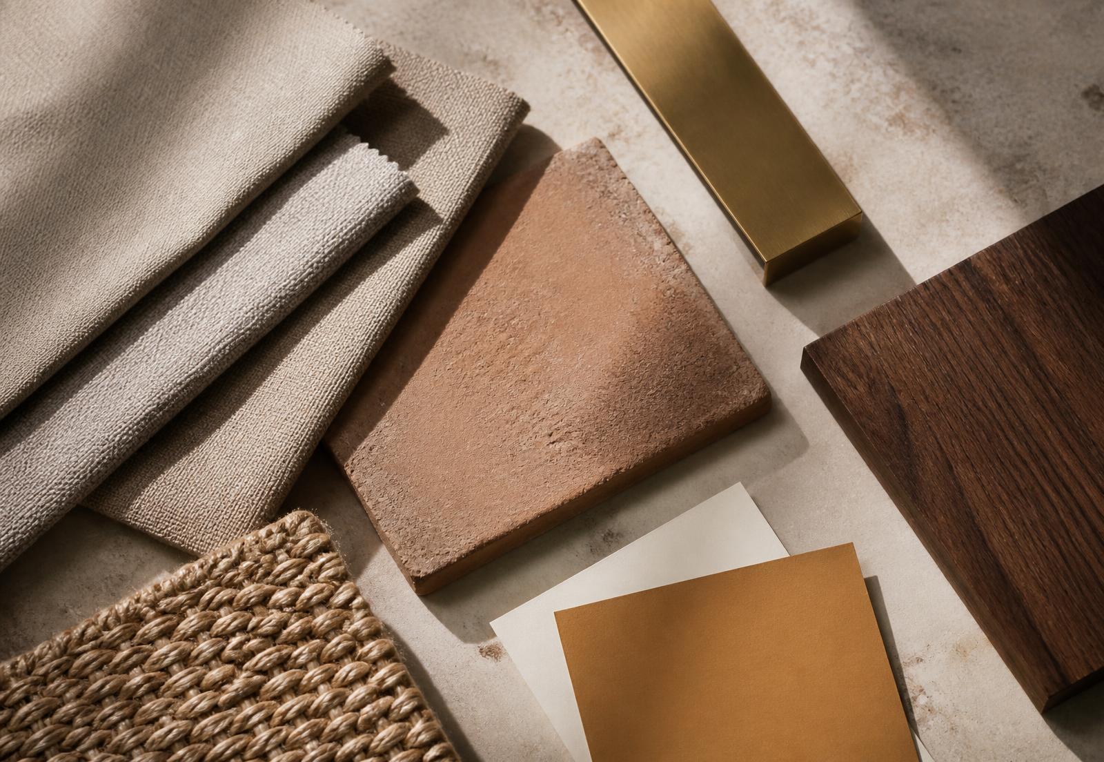 Material samples of linen, clay tile, brass, walnut and sisal laid on pale stone