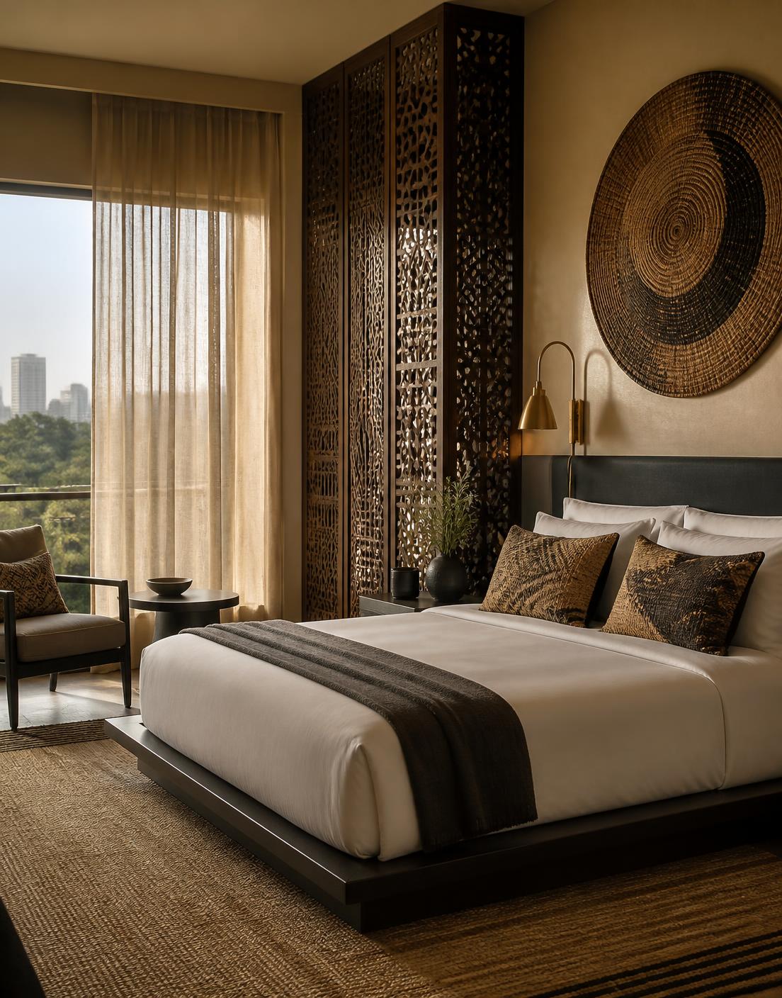 Garden guest suite with low platform bed, carved timber screen and sheer curtains