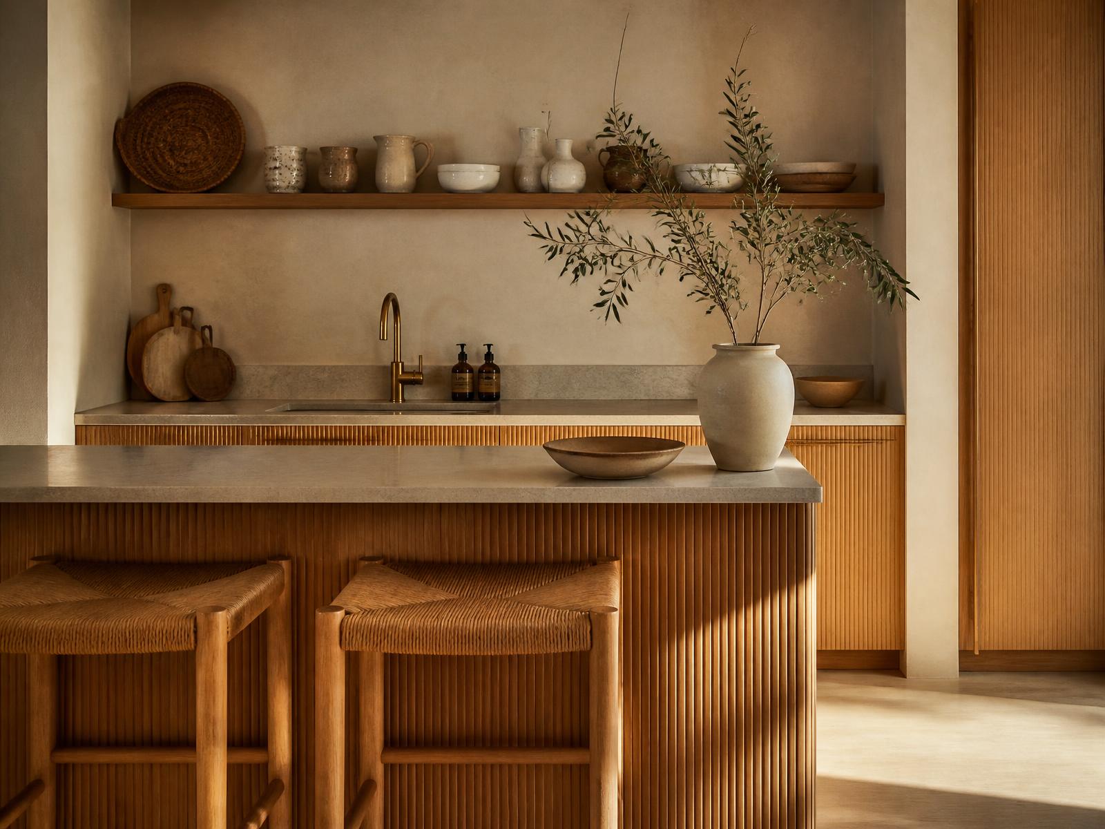 Warm minimalist kitchen with plaster walls, slatted oak cabinetry and honed stone worktop